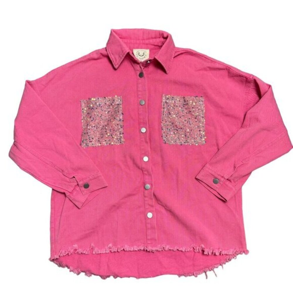 Fantastic Fawn Med Pink Denim Cowgirl Sequin Button Down Raw Hem Barbie Jacket
